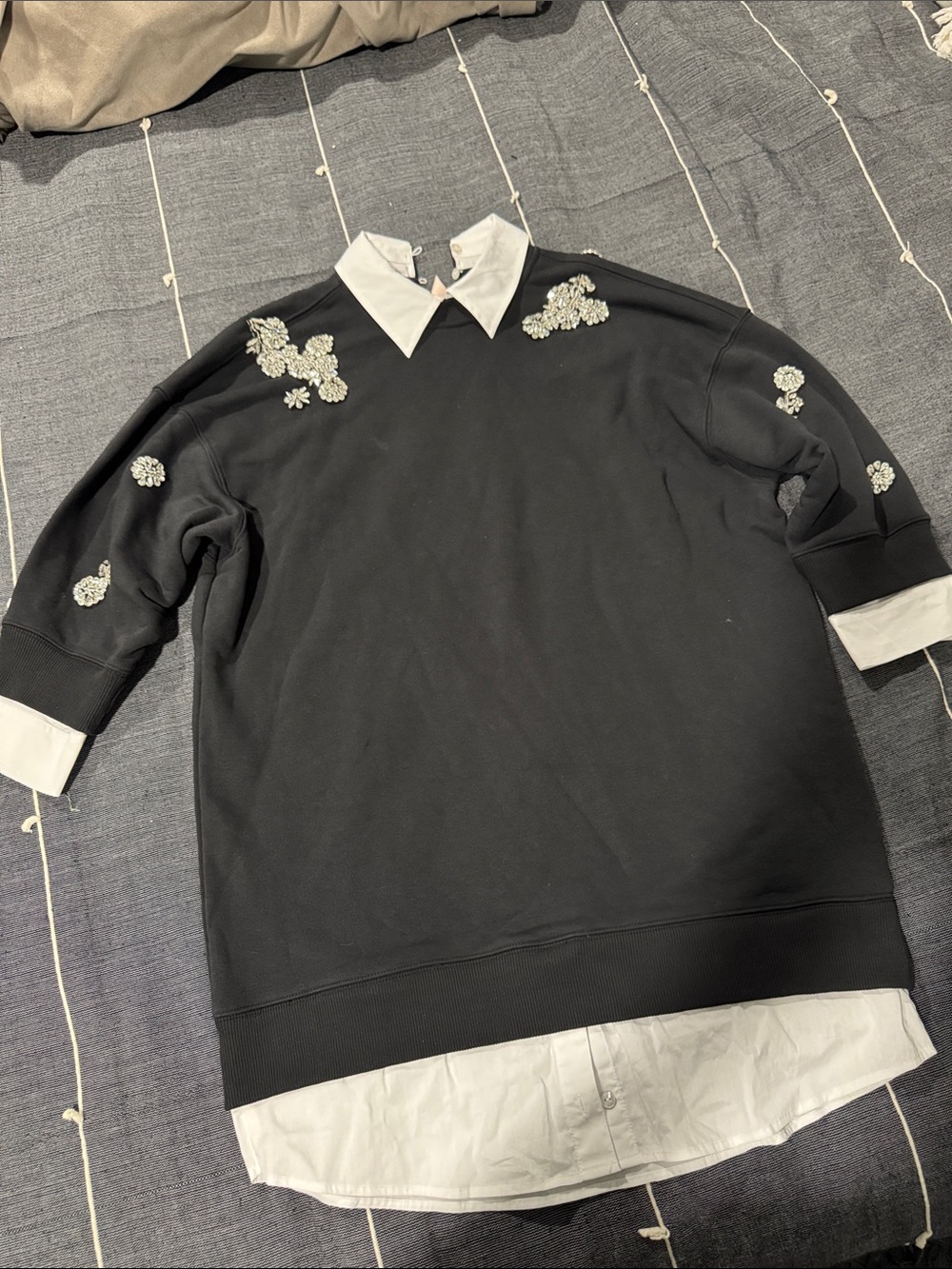 Black Embellished Mock-Layer Sweater with White Collar